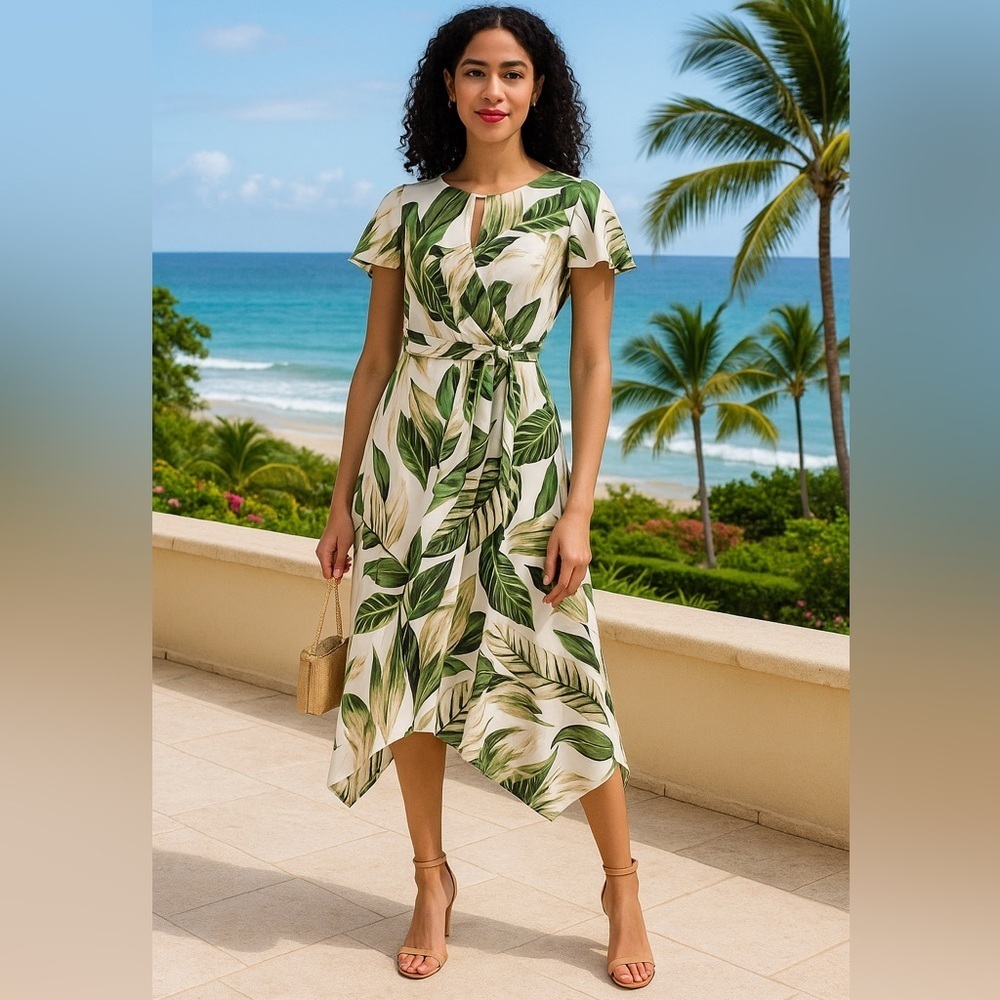 Great Jones Tropical Leaf Print Midi Dress Green Ivory Asymmetrical Hem Size 4 - Picture 13 of 13
